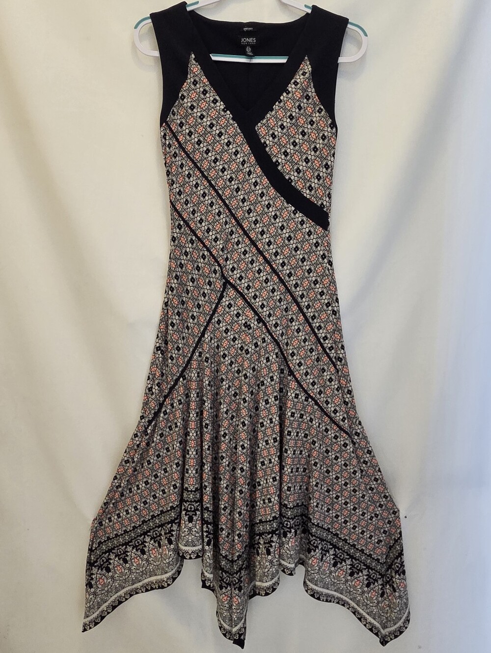 Jones New York Black and Coral Print Asymmetrical Handkerchief Dress